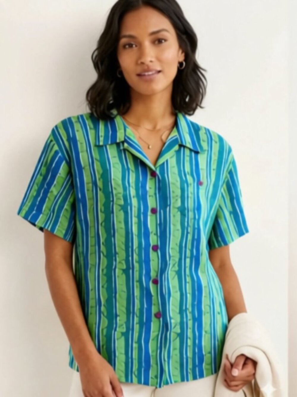Melrose Studio Womens Top Blouse Button Front Short Sleeves 100% Silk Size L